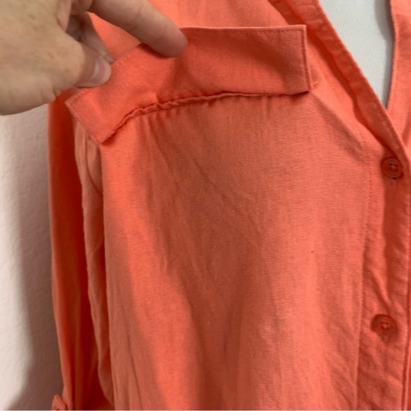 Calvin Klein Linen Blend Shirt Dress Women’s 10 Coral Roll Tab Sleeves Buttons - Picture 8 of 16